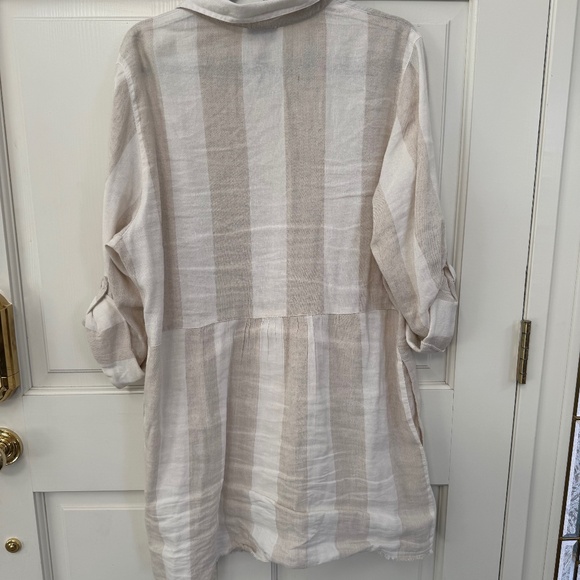 Tommy Bahama, Women's Rugby Stripe Boyfriend Cover Up Shirt, Size L,  Med. Khaki - Picture 2 of 8